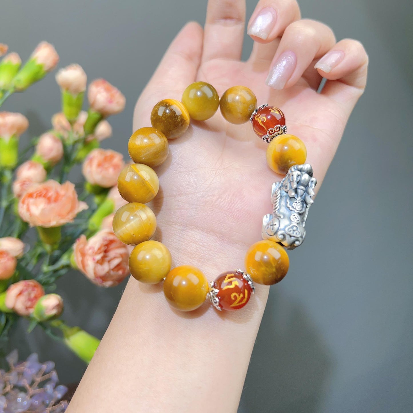 040 S999.  Tiger Eye Stone 14MM Beads Piyao Bracelet Lucky Charm Bracelet 2025 Feng Shui Fashion Energy Magnetic High Quality Bracelet Gift