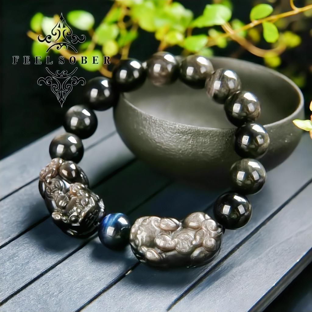 Lucky charm bracelet Fengshui double piyao bracelet energy silver obsidian lucky bracelet men's bracelet blue tiger eye gift for boyfriend