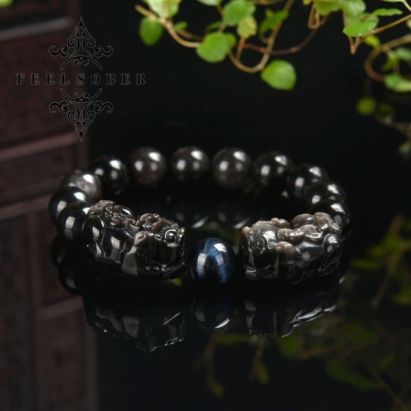 Lucky charm bracelet Fengshui double piyao bracelet energy silver obsidian lucky bracelet men's bracelet blue tiger eye gift for boyfriend