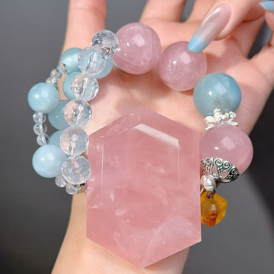 001 Rose Quartz Aquamarine Clear Quartz bracelet.. Natural crystal bracelet properties, fashionable bracelet gift