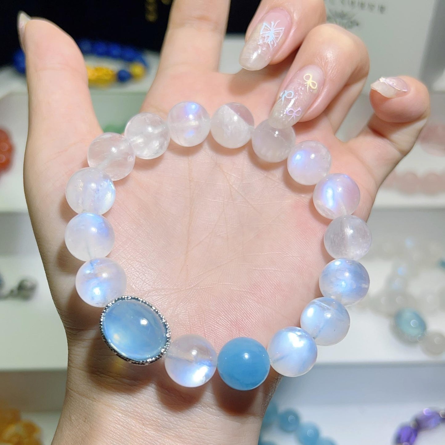 036 HQ Moonstone Aquamarine Bracelet with Certificate Box Lucky Charm Gift