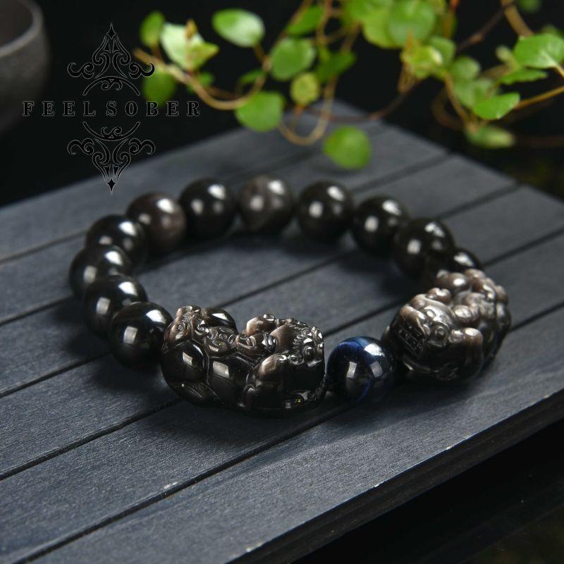 Lucky charm bracelet Fengshui double piyao bracelet energy silver obsidian lucky bracelet men's bracelet blue tiger eye gift for boyfriend