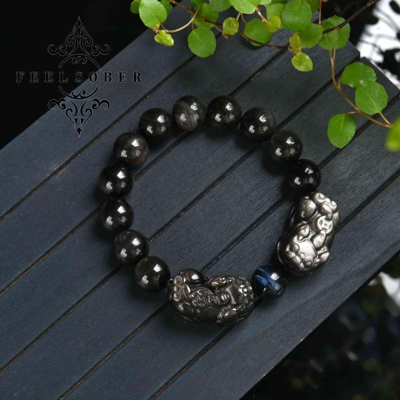 Lucky charm bracelet Fengshui double piyao bracelet energy silver obsidian lucky bracelet men's bracelet blue tiger eye gift for boyfriend