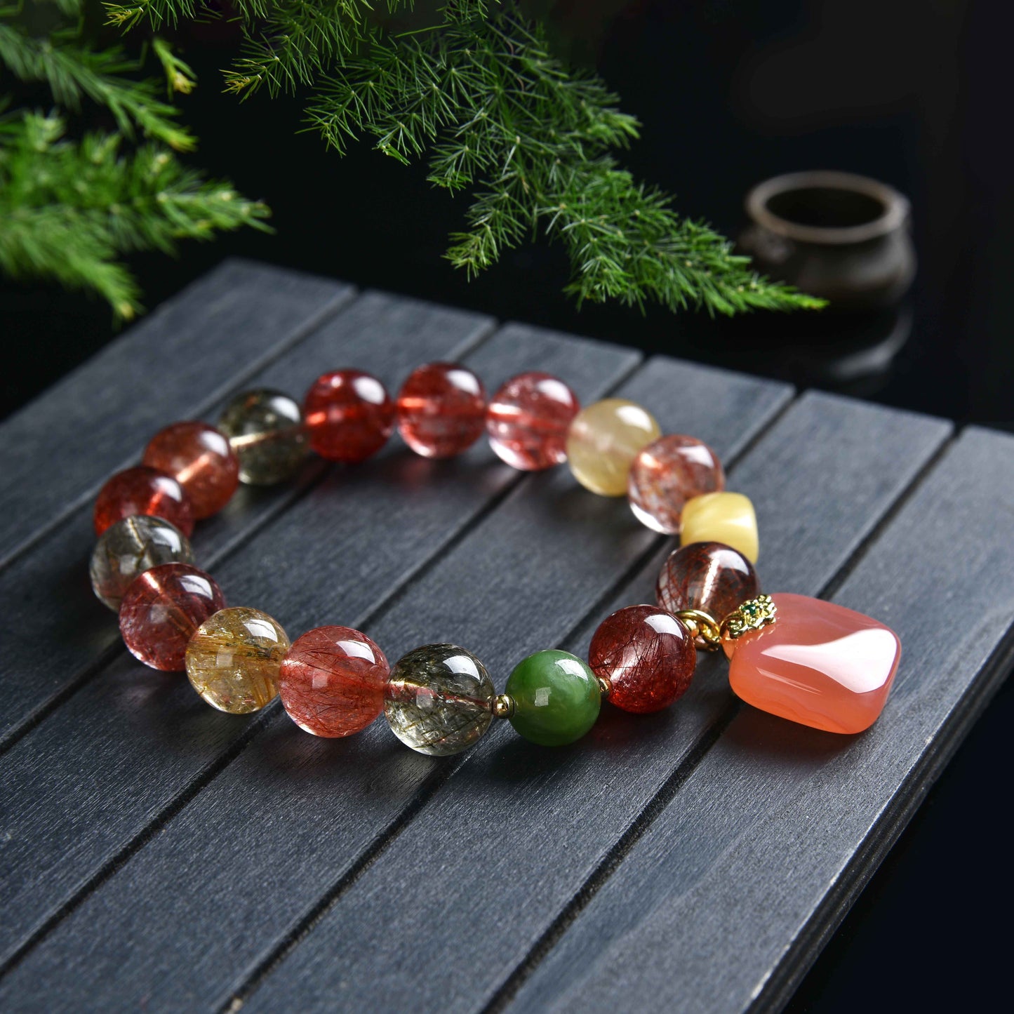 Color Rutilated Quartz beeswax yanyuan agate protection plate bracelet