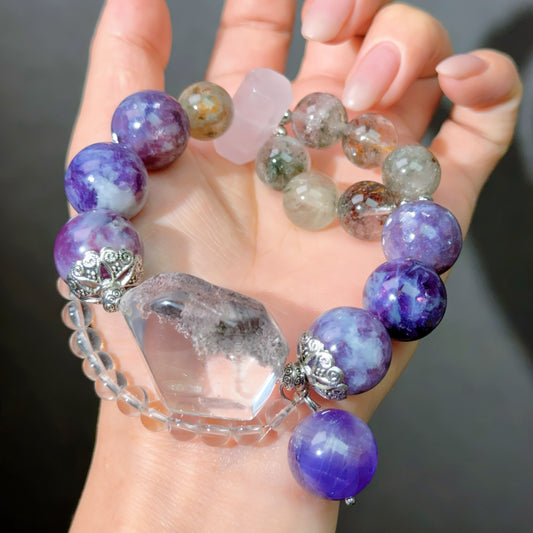 043 Mica Quartz, Phantom Quartz, Rose Quartz High Quality Magnetic Feng Shui Fashion Jewelry Bead Bracelet Gift
