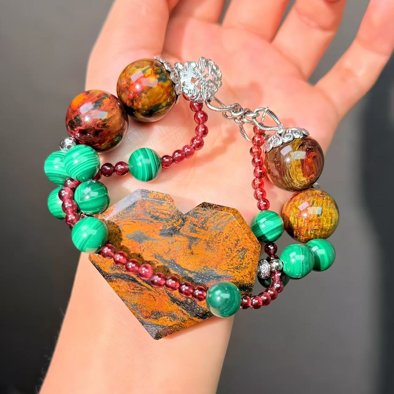 044 Pietersite Malachite Garnet with certificate charm bracelet